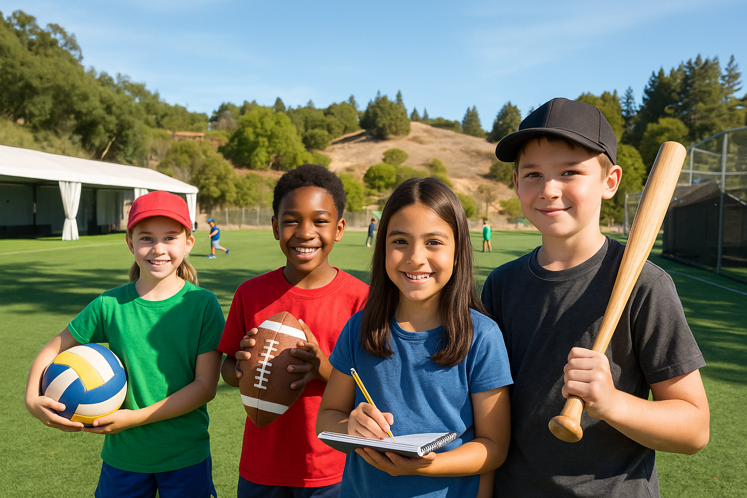 Future Star Scholars students with volleyball, football, notebook, and baseball bat